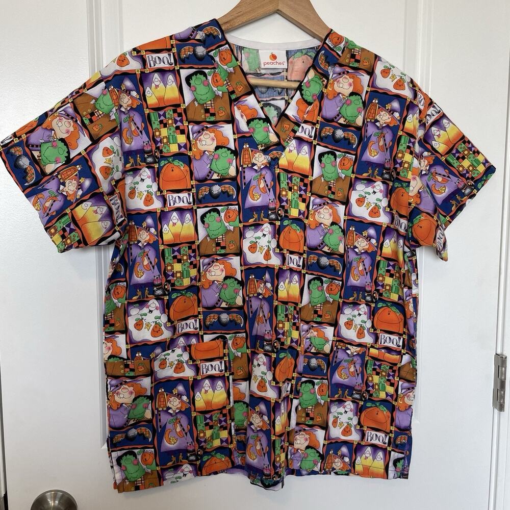 Peaches Scrub Top Holiday Haloween Character Print Multicolor Pockets Size M